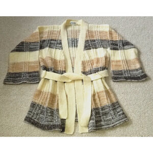 VINTAGE 70s Womens Sweater-SWEATER BEE BANFF-ivory/brown striped tie cardigan-S
